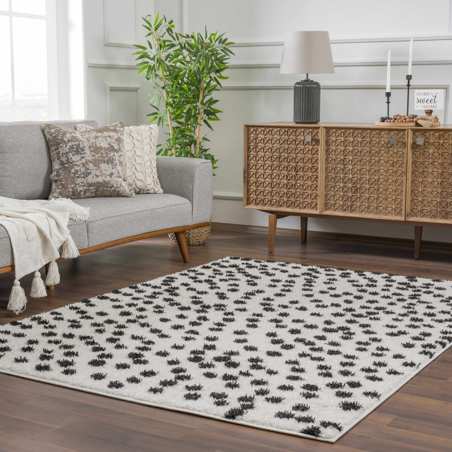Cansu Black & White Dotted Area Rug - Tree of Life