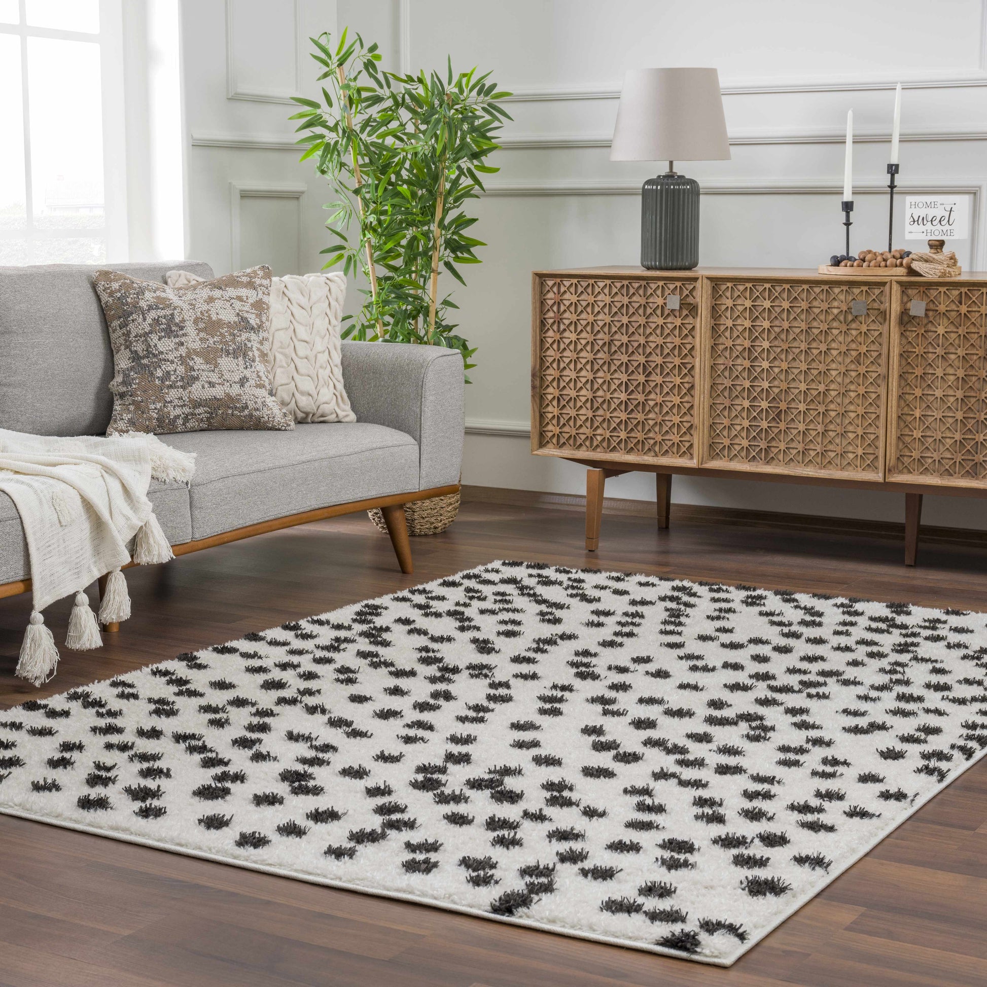 Cansu Black & White Dotted Area Rug - Tree of Life