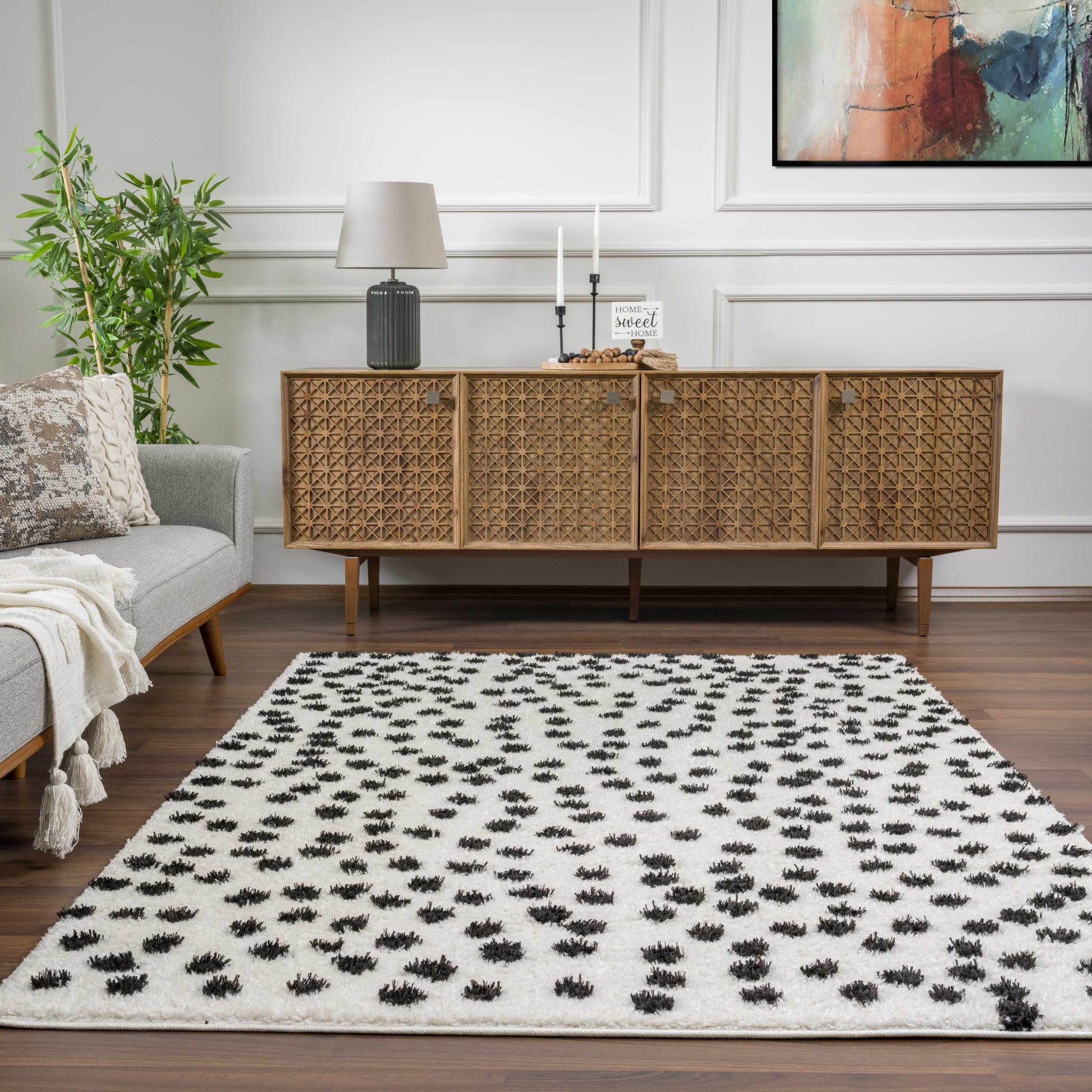 Cansu Black & White Dotted Area Rug - Tree of Life