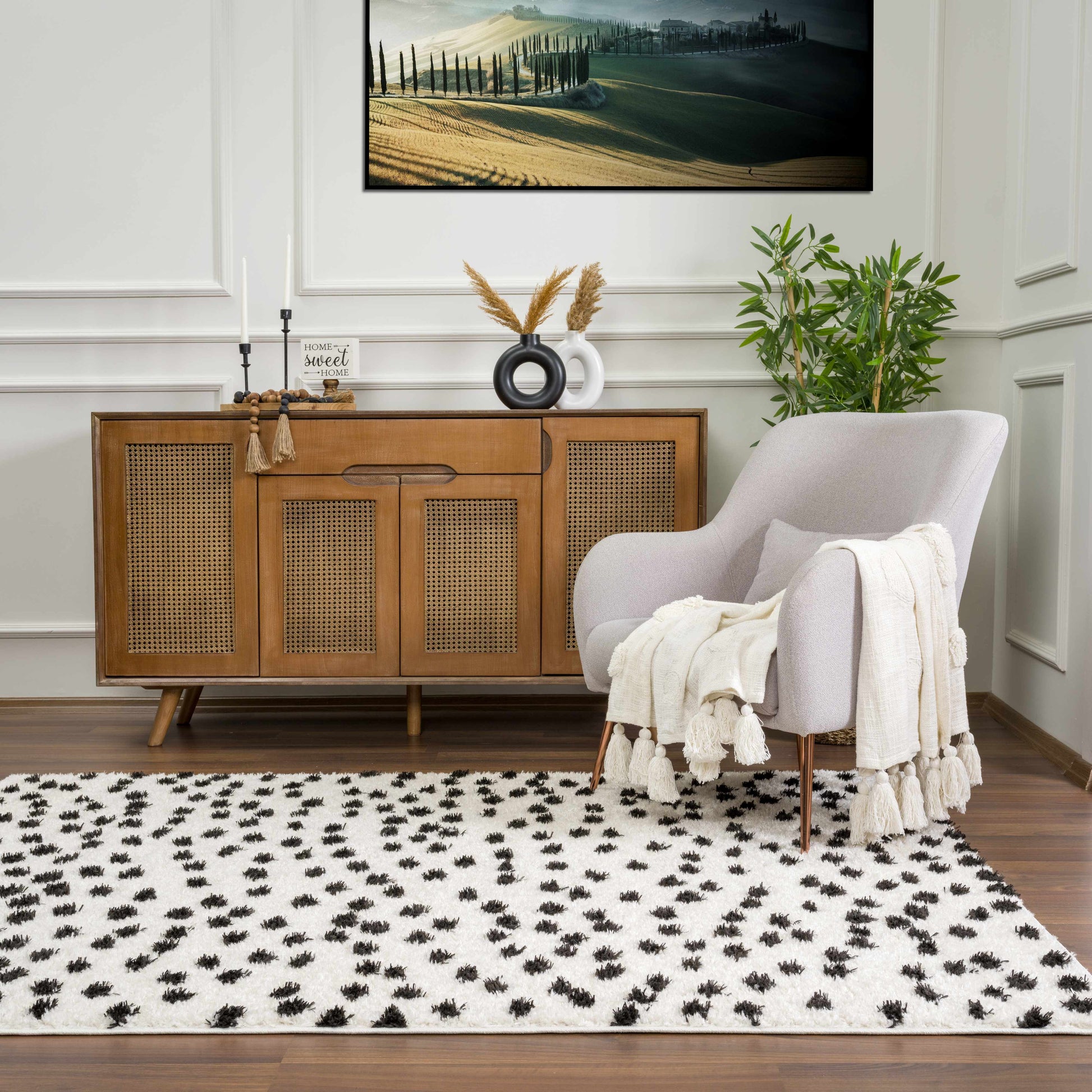 Cansu Black & White Dotted Area Rug - Tree of Life