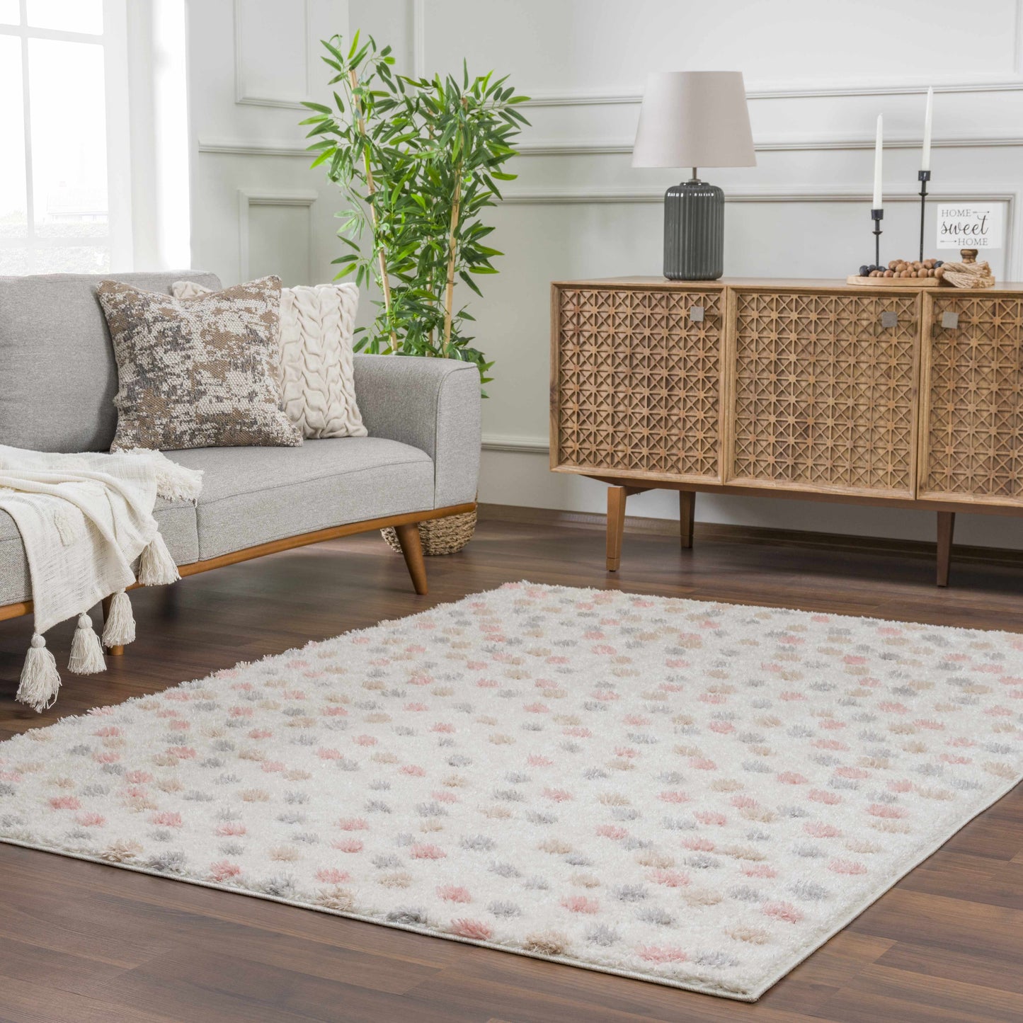 Cansu Pink & Cream Dotted Area Rug - Tree of Life