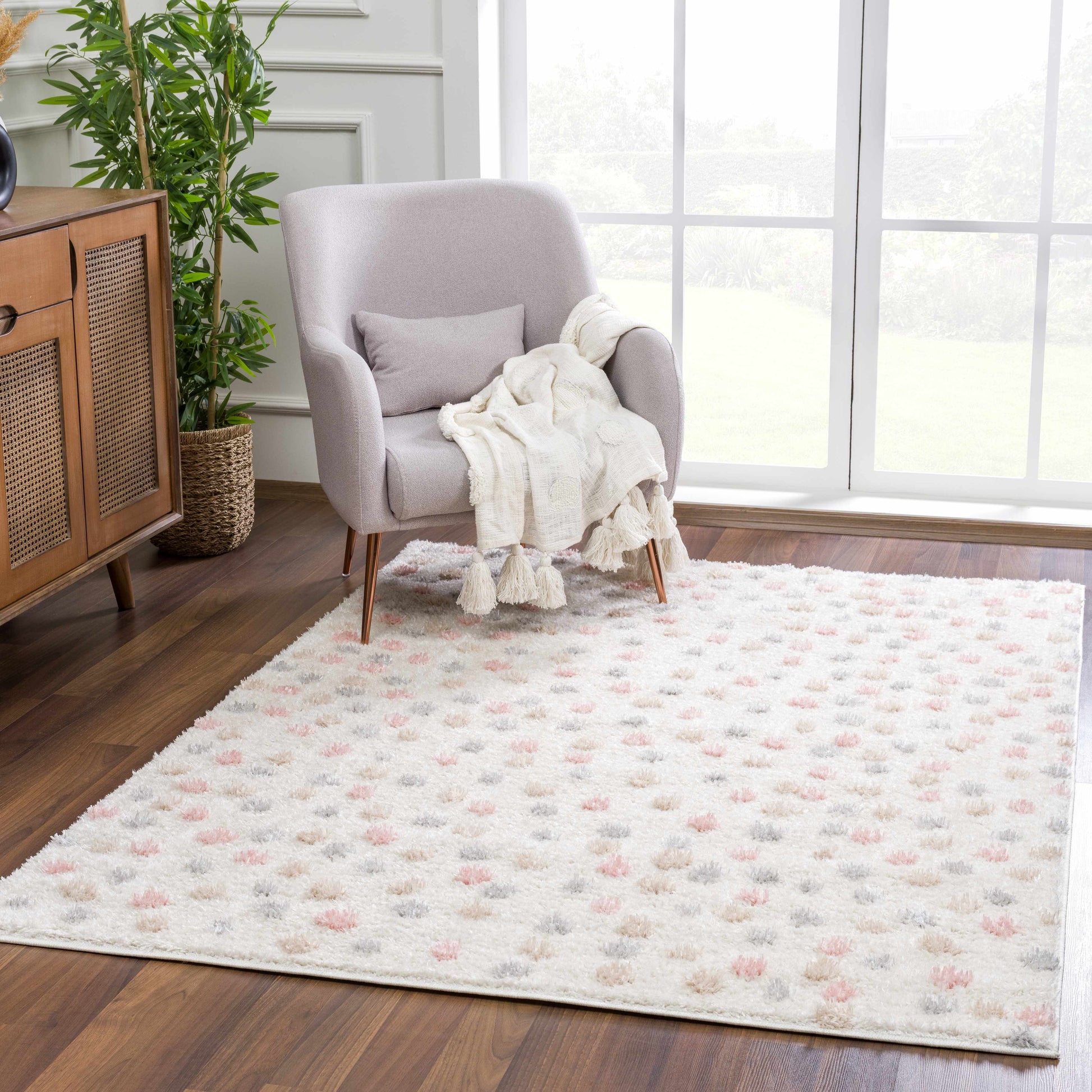 Cansu Pink & Cream Dotted Area Rug - Tree of Life