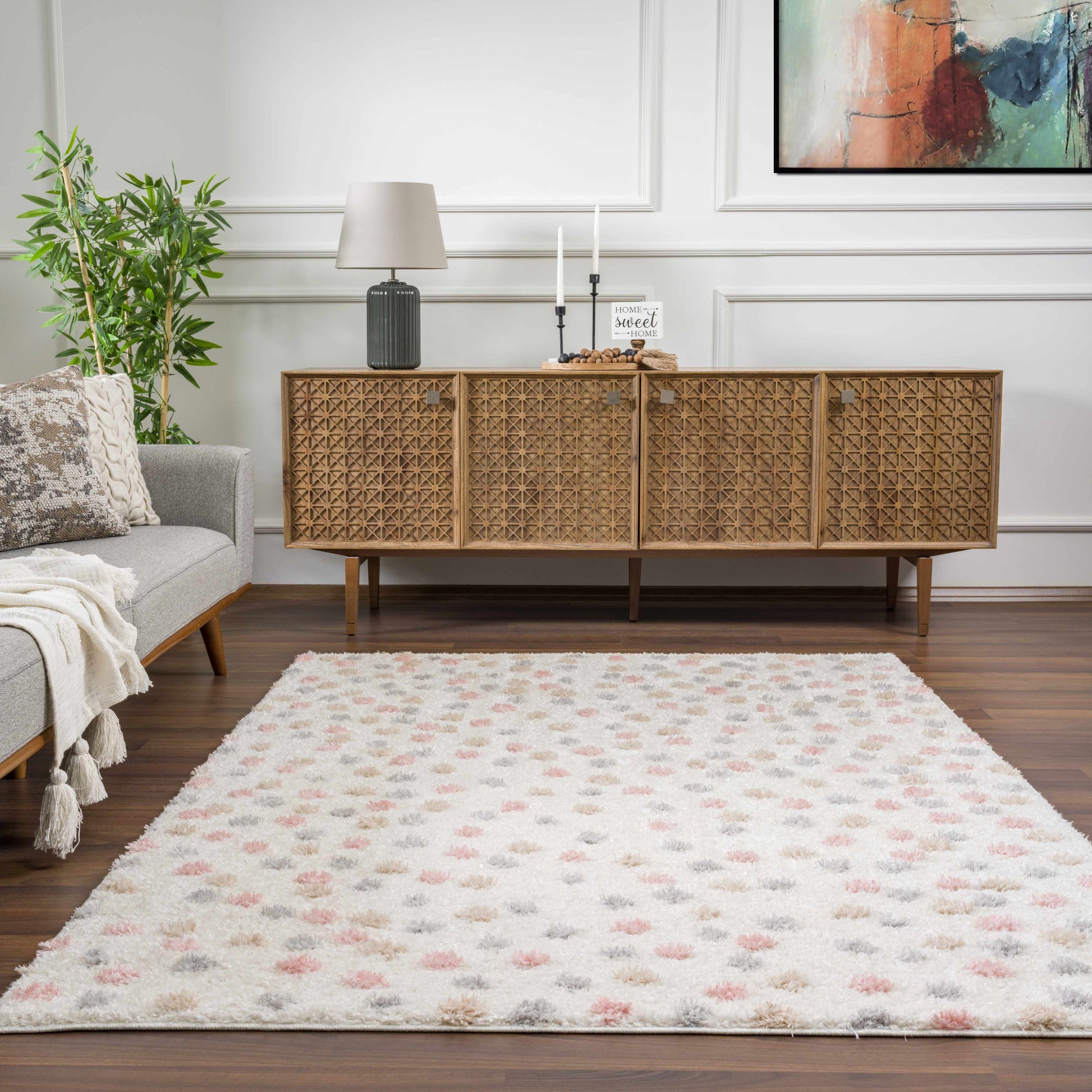 Cansu Pink & Cream Dotted Area Rug - Tree of Life