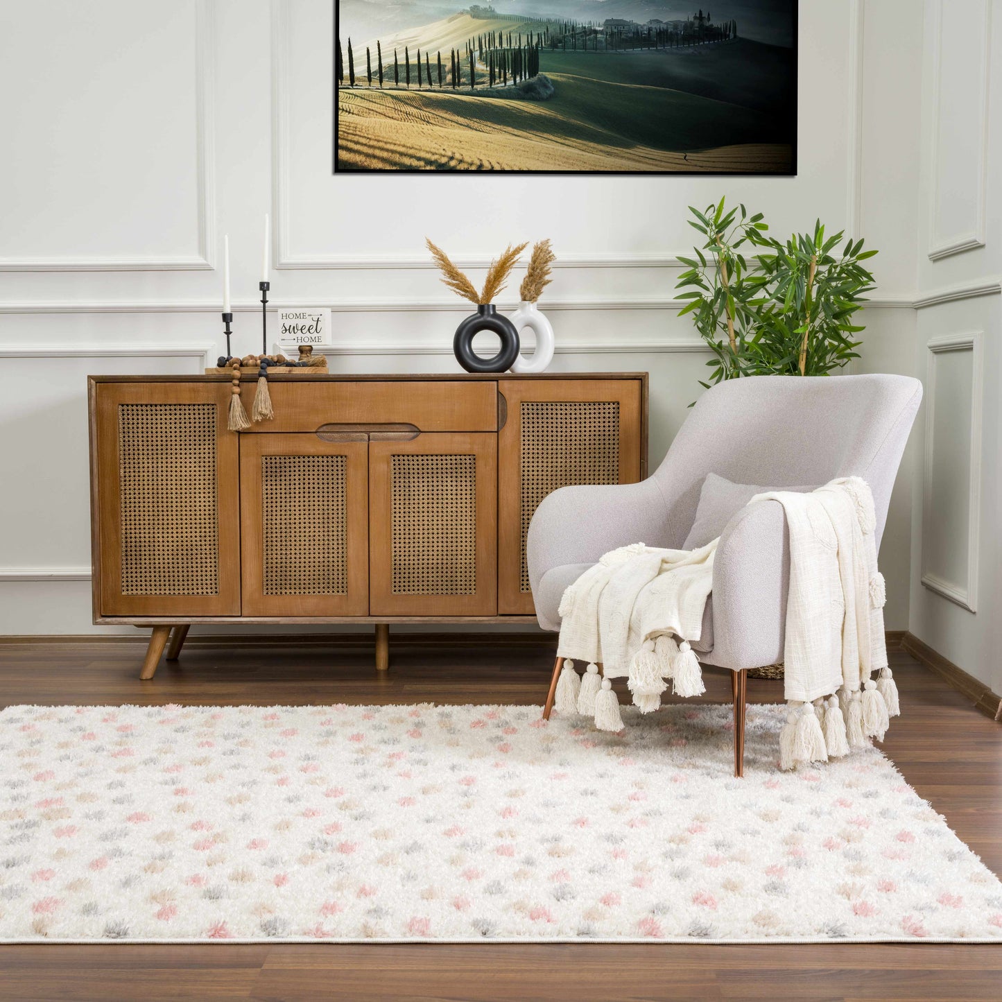 Cansu Pink & Cream Dotted Area Rug - Tree of Life