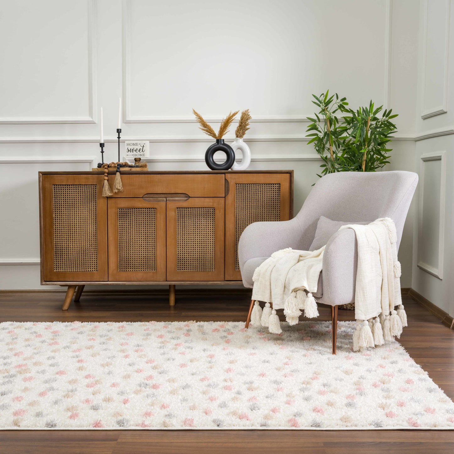 Cansu Pink & Cream Dotted Area Rug - Tree of Life