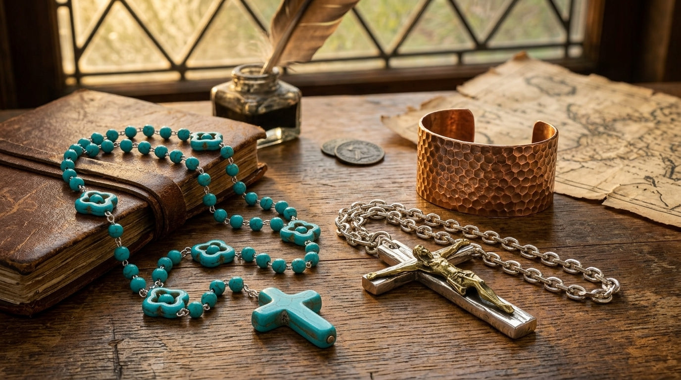 Rosary Natural Stone Crucifix Necklace Catholic 5 Decade Turquoise Prayer Beads Virgin Mary Pendant Orthodox Catholic Cross Round Beaded - Tree of Life