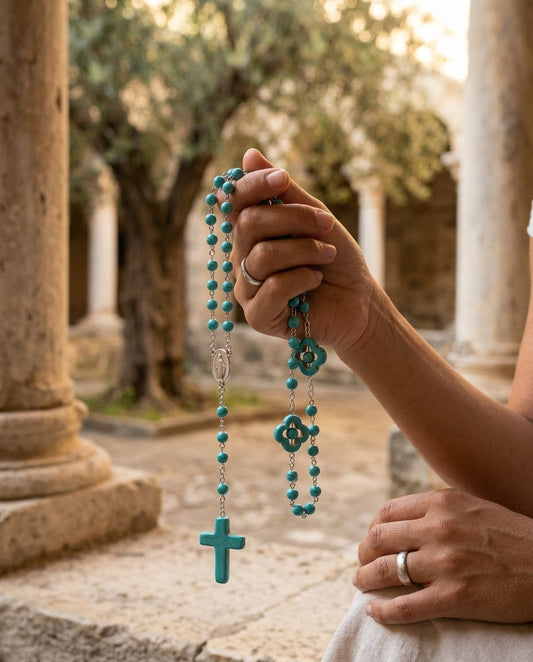 Rosary Natural Stone Crucifix Necklace Catholic 5 Decade Turquoise Prayer Beads Virgin Mary Pendant Orthodox Catholic Cross Round Beaded - Tree of Life