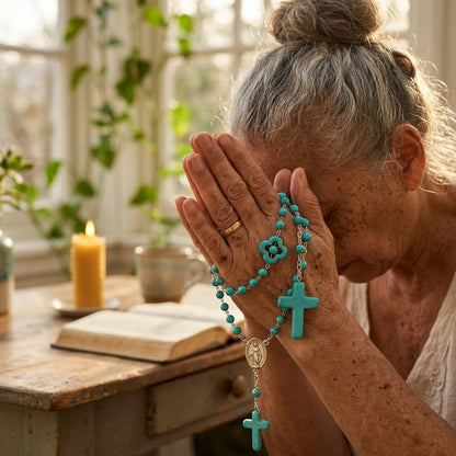 Rosary Natural Stone Crucifix Necklace Catholic 5 Decade Turquoise Prayer Beads Virgin Mary Pendant Orthodox Catholic Cross Round Beaded - Tree of Life