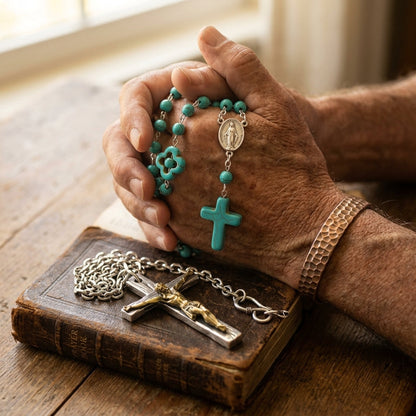 Rosary Natural Stone Crucifix Necklace Catholic 5 Decade Turquoise Prayer Beads Virgin Mary Pendant Orthodox Catholic Cross Round Beaded - Tree of Life