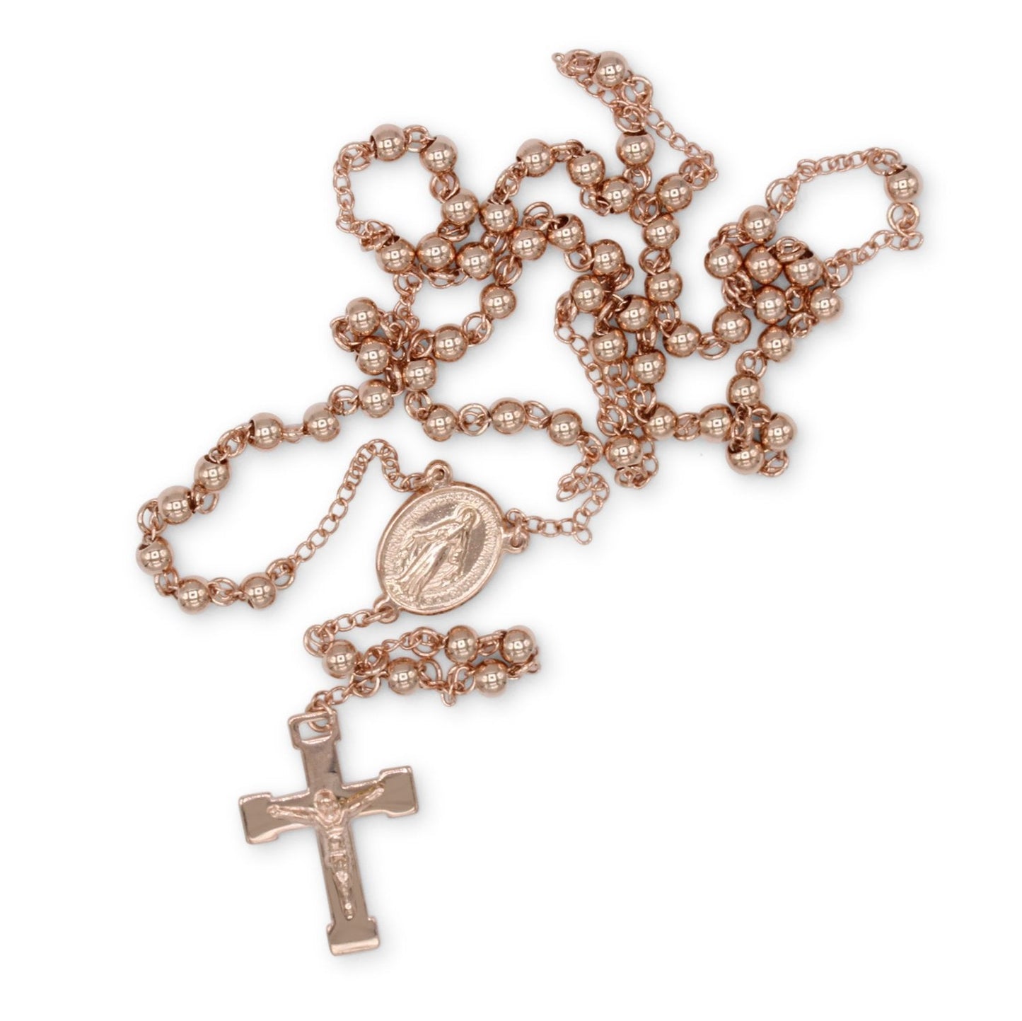 Traditional Rose Gold Rosary Necklace Five Decade Catholic Prayer Beads 4mm - Tree of Life
