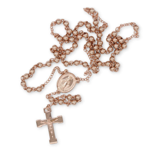 Traditional Rose Gold Rosary Necklace Five Decade Catholic Prayer Beads 4mm - Tree of Life