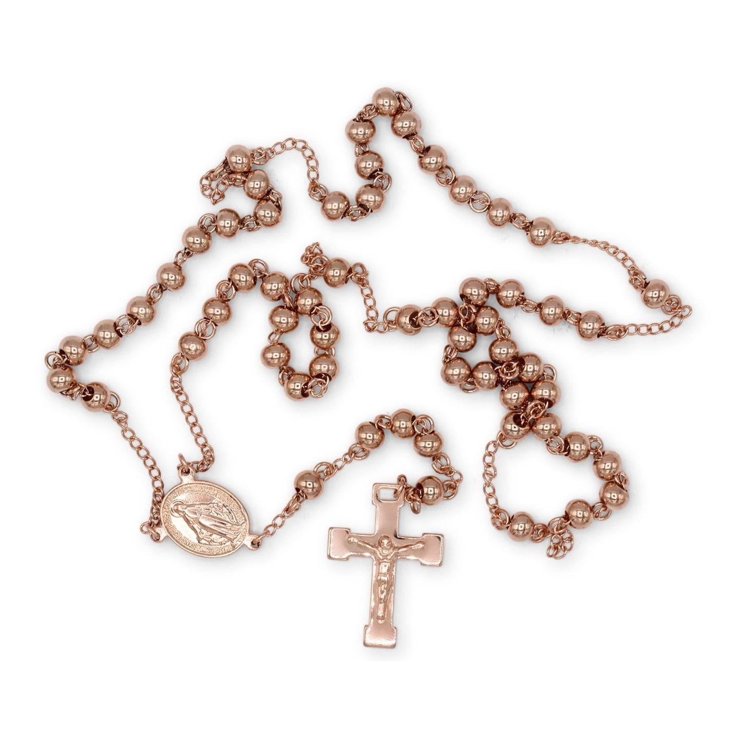 Traditional Rose Gold Rosary Necklace Five Decade Catholic Prayer Beads 10mm - Tree of Life