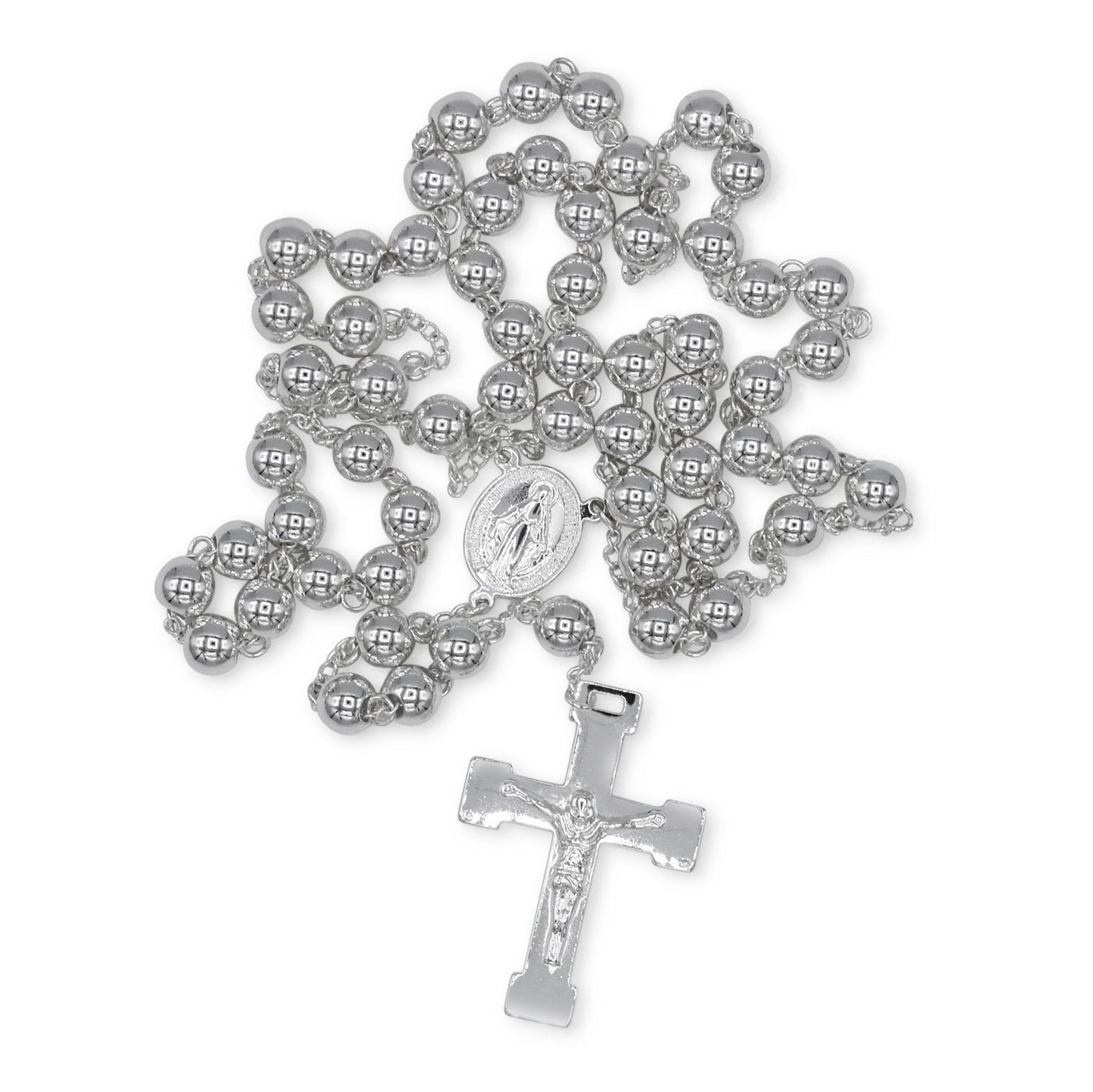 Traditional Silver Rosary Necklace Five Decade Catholic Prayer Beads 10mm - Tree of Life