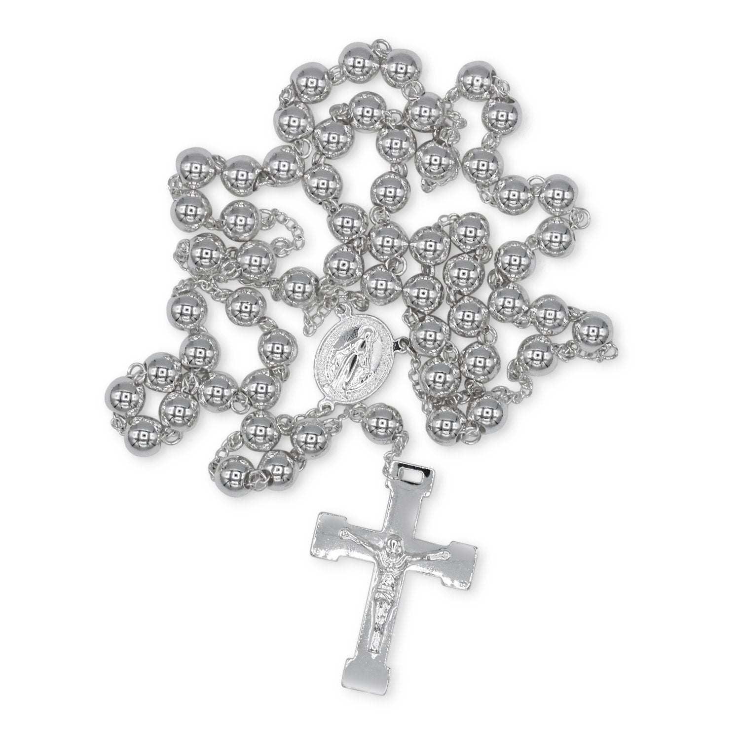Traditional Silver Rosary Necklace Five Decade Catholic Prayer Beads 10mm - Tree of Life