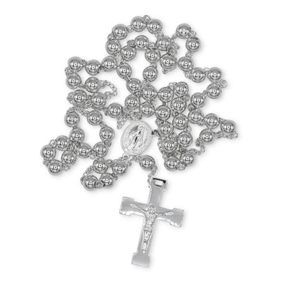 Traditional Silver Rosary Necklace Five Decade Catholic Prayer Beads 10mm - Tree of Life