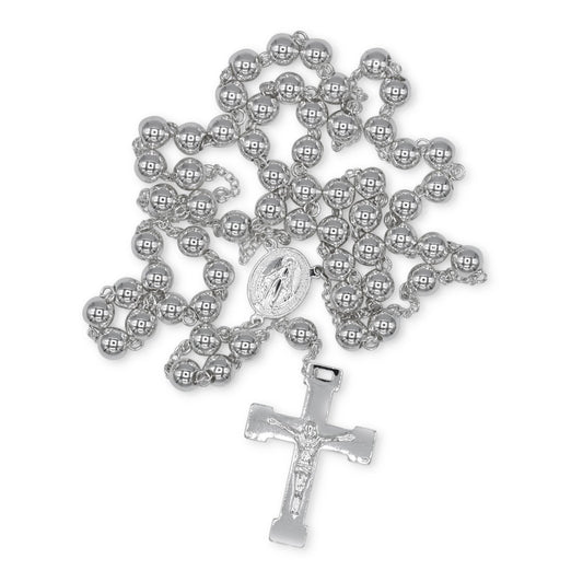 Traditional Silver Rosary Necklace Five Decade Catholic Prayer Beads 10mm - Tree of Life
