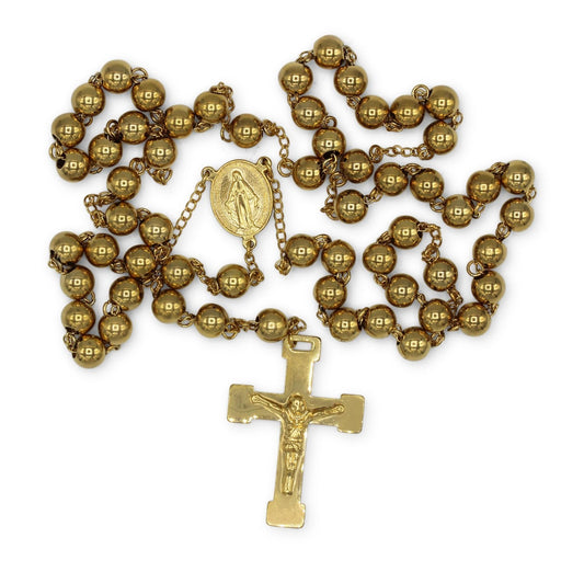 Traditional Gold Rosary Necklace Five Decade Catholic Prayer Beads 8mm - Tree of Life