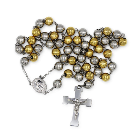 Traditional Rosary Necklace Five Decade Silver Gold Catholic Prayer Beads 10 mm - Tree of Life