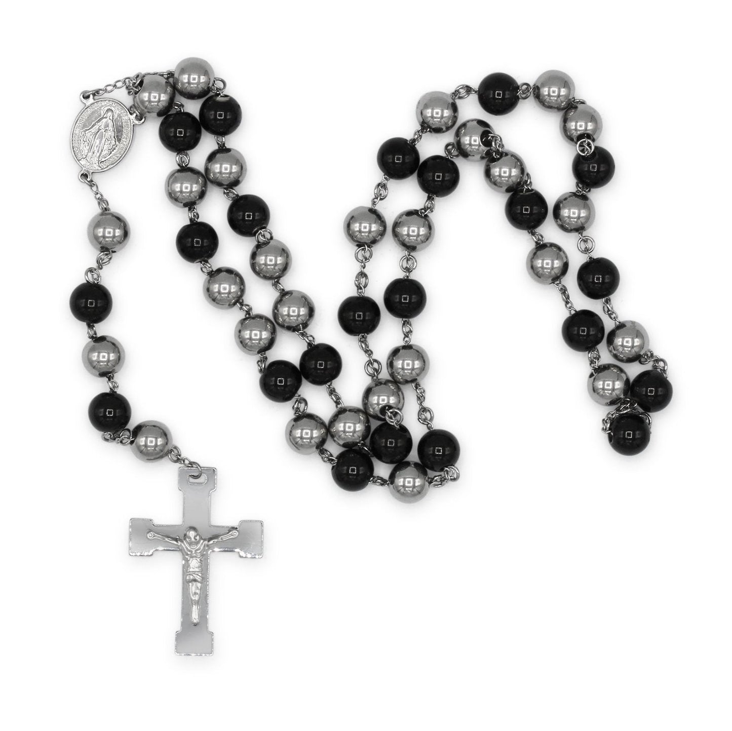 Traditional Rosary Necklace Five Decade Silver Black Catholic Prayer Beads 10 mm - Tree of Life