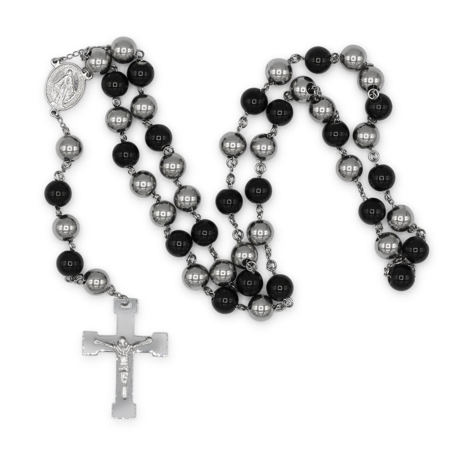 Traditional Rosary Necklace Five Decade Silver Black Catholic Prayer Beads 10 mm - Tree of Life