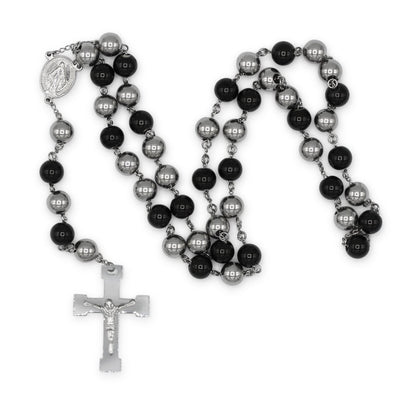Traditional Rosary Necklace Five Decade Silver Black Catholic Prayer Beads 10 mm - Tree of Life
