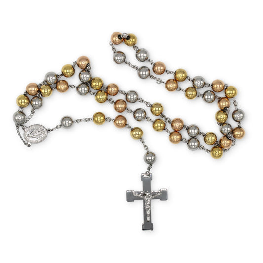 Traditional Tri Tone Rosary Necklace Five Decade Catholic Prayer Beads 10 mm - Tree of Life