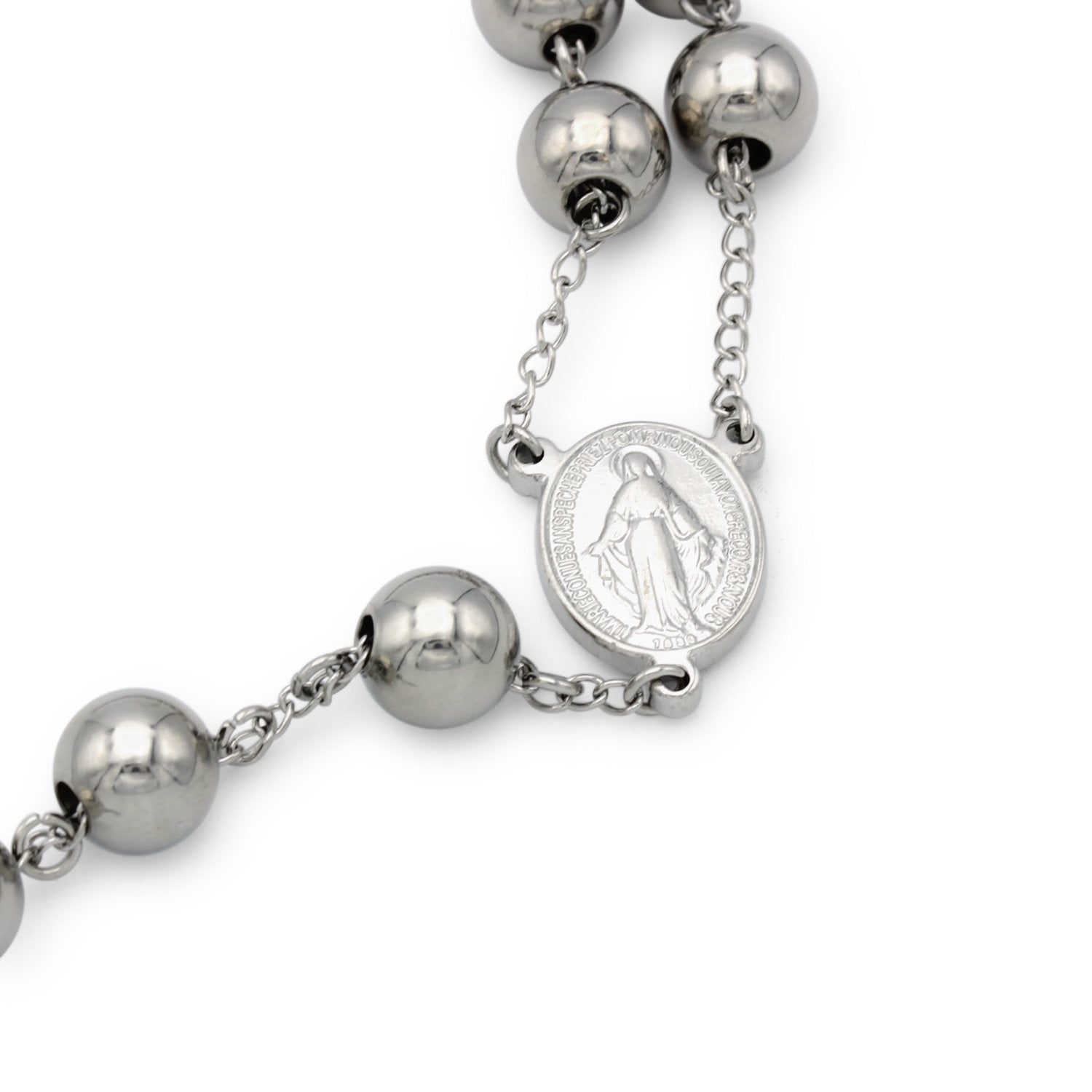 Traditional Silver Rosary Necklace Five Decade Catholic Prayer Beads 10mm - Tree of Life