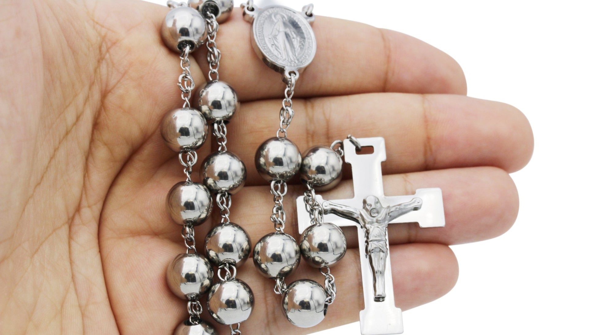Traditional Silver Rosary Necklace Five Decade Catholic Prayer Beads 10mm - Tree of Life