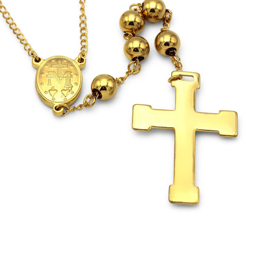 Traditional Gold Rosary Necklace Five Decade Catholic Prayer Beads 8mm - Tree of Life