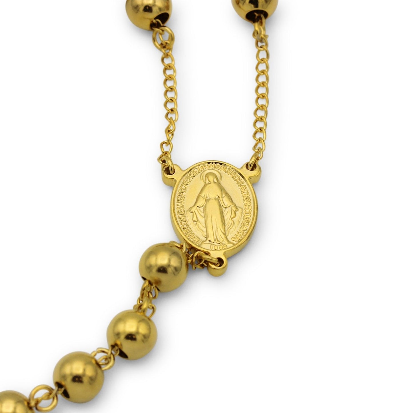 Traditional Gold Rosary Necklace Five Decade Catholic Prayer Beads 8mm - Tree of Life