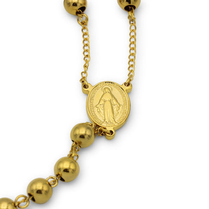 Traditional Gold Rosary Necklace Five Decade Catholic Prayer Beads 8mm - Tree of Life