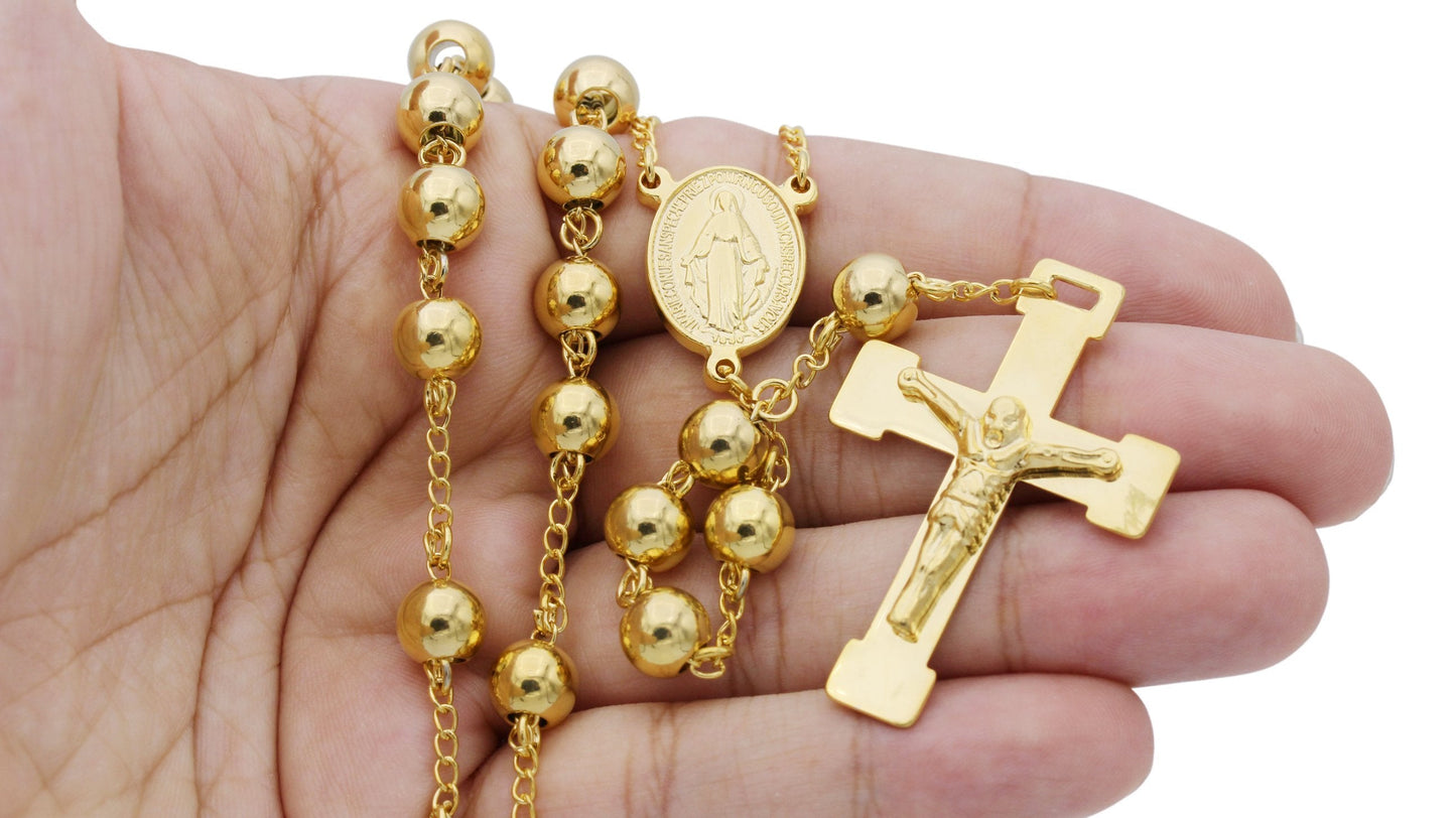 Traditional Gold Rosary Necklace Five Decade Catholic Prayer Beads 8mm - Tree of Life