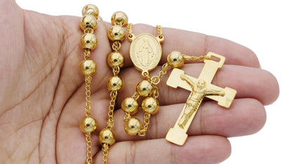 Traditional Gold Rosary Necklace Five Decade Catholic Prayer Beads 8mm - Tree of Life