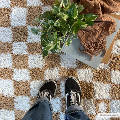 Kieu Mustard & Ivory Checkered Area Rug - Tree of Life