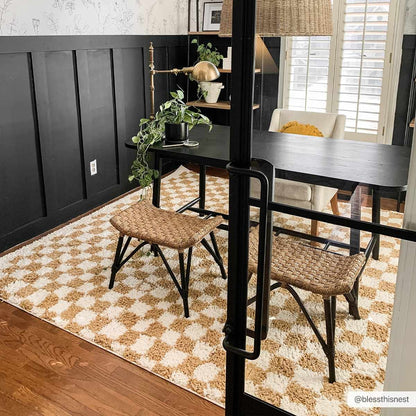 Kieu Mustard & Ivory Checkered Area Rug - Tree of Life