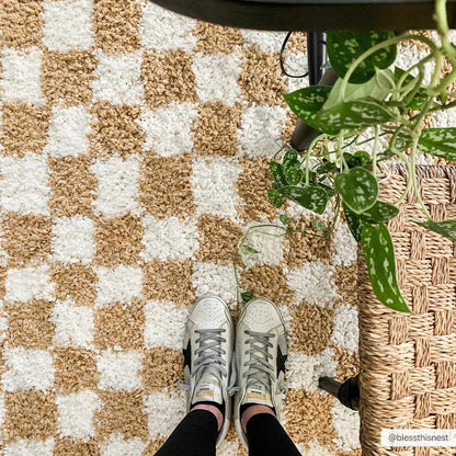 Kieu Mustard & Ivory Checkered Area Rug - Tree of Life