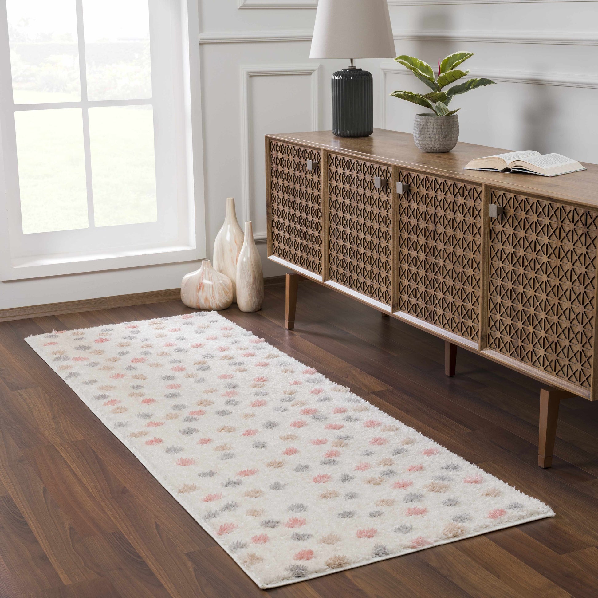 Cansu Pink & Cream Dotted Area Rug - Tree of Life