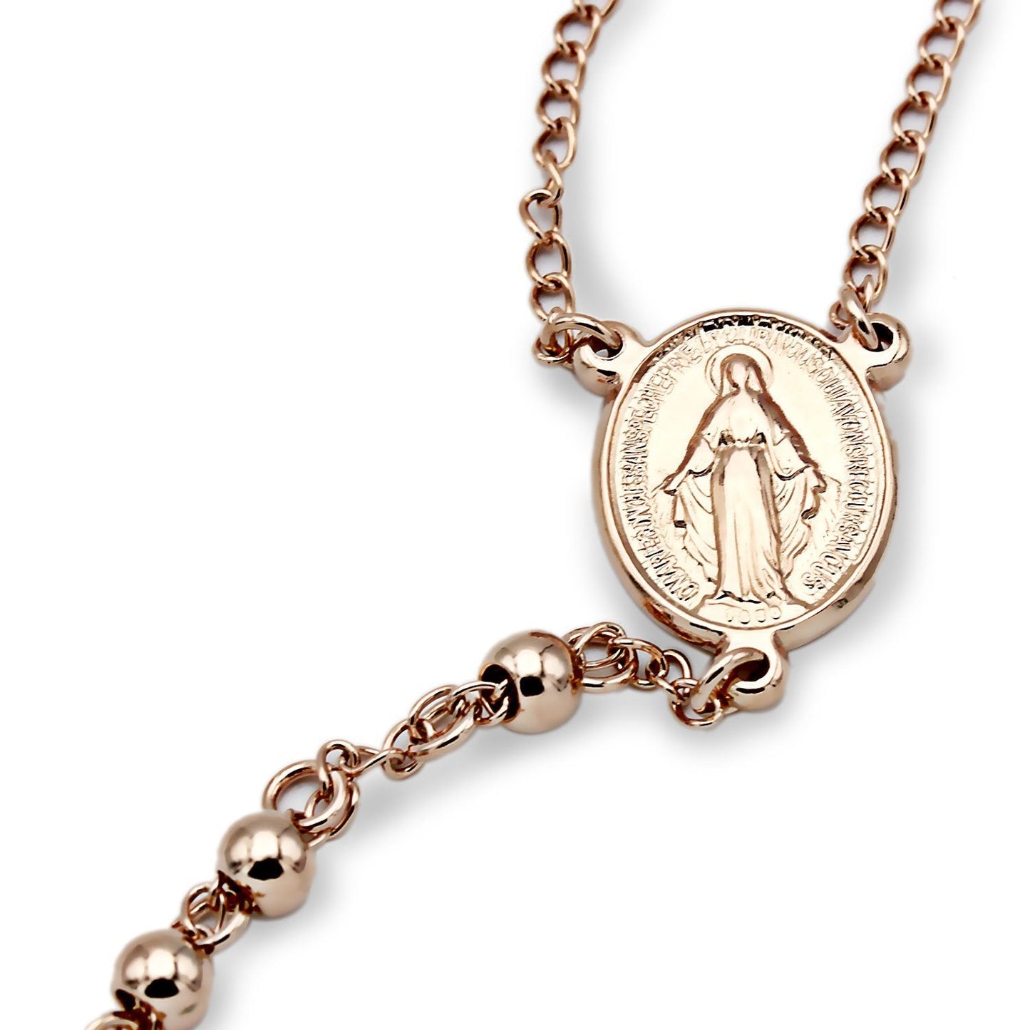 Traditional Rose Gold Rosary Necklace Five Decade Catholic Prayer Beads 5mm - Tree of Life