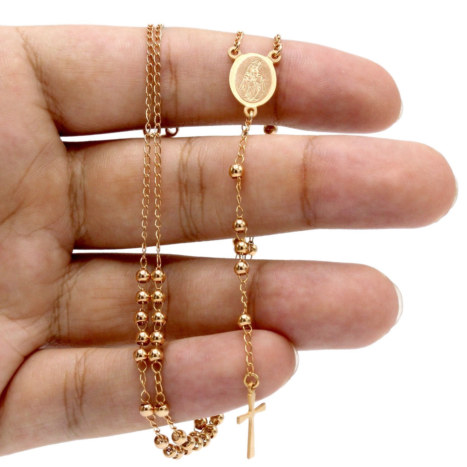 Traditional Rose Gold Rosary Necklace Five Decade Catholic Prayer Beads 3mm - Tree of Life