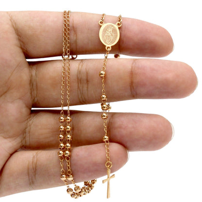 Traditional Rose Gold Rosary Necklace Five Decade Catholic Prayer Beads 3mm - Tree of Life