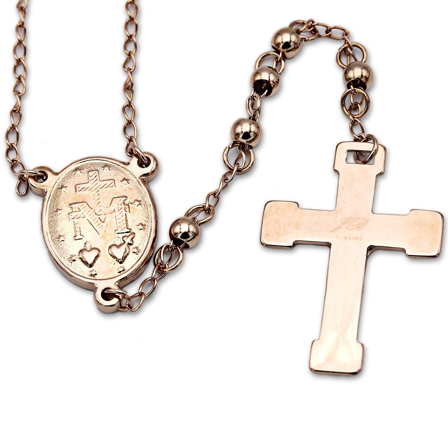 Traditional Rose Gold Rosary Necklace Five Decade Catholic Prayer Beads 4mm - Tree of Life