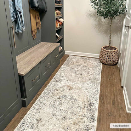 Rudo Beige Flat Pile Washable Rug - Tree of Life