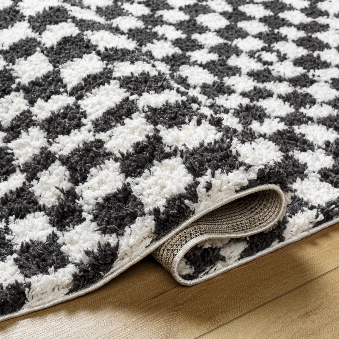 Kieu Black & White Checkered Shag Rug - Tree of Life