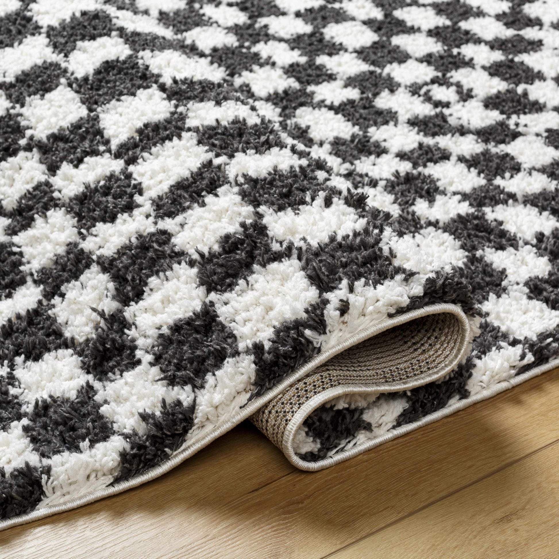 Kieu Black & White Checkered Shag Rug - Tree of Life