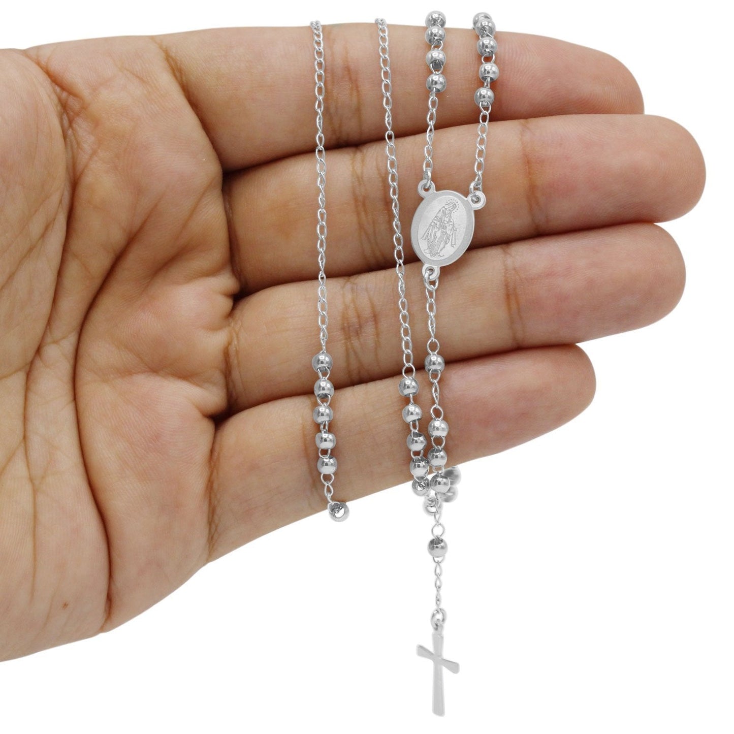 Traditional Silver Rosary Necklace Five Decade Catholic Prayer Beads  3mm - Tree of Life