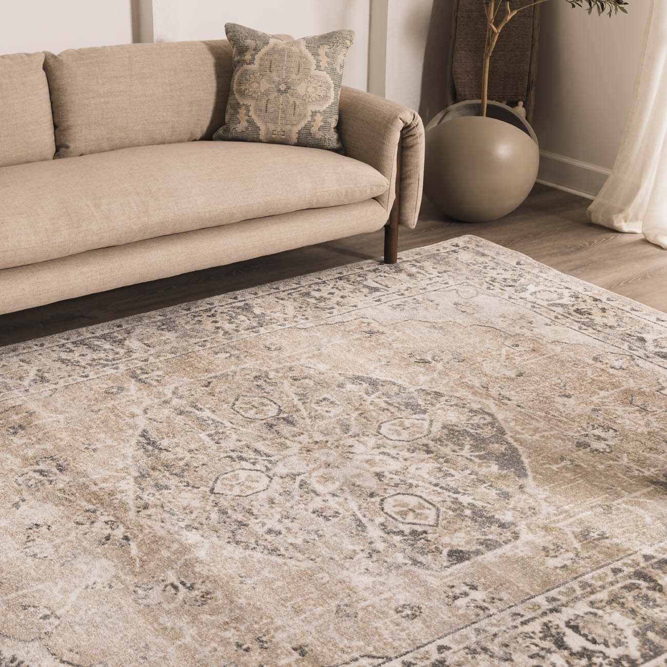 Rudo Beige Flat Pile Washable Rug - Tree of Life