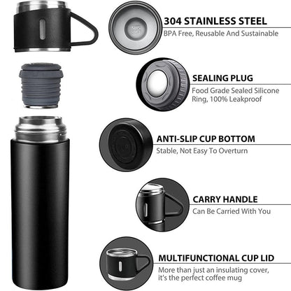 Coffee Thermos 500ml Water Bottle Portable Thermal Travel Sports Mug In-Car Insulated Cup Stainless Steel Vacuum Flasks Double Layer Stainless Steel Vacuum Flask Set with 3 Cups Including Lid - Tree of Life