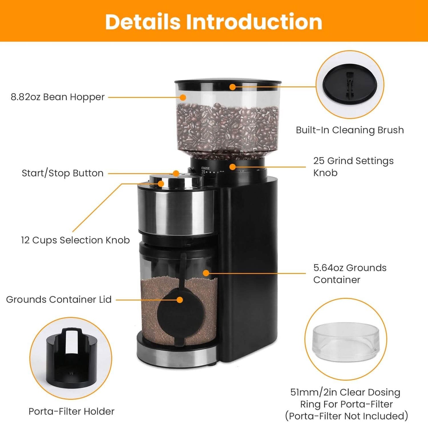 Conical Bur Coffee Bean Electric Grinder with 25 Grind Settings - Tree of Life