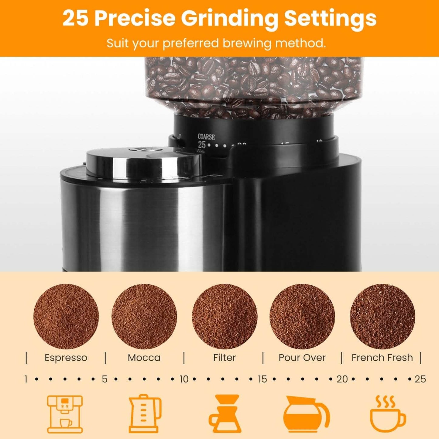 Conical Bur Coffee Bean Electric Grinder with 25 Grind Settings - Tree of Life