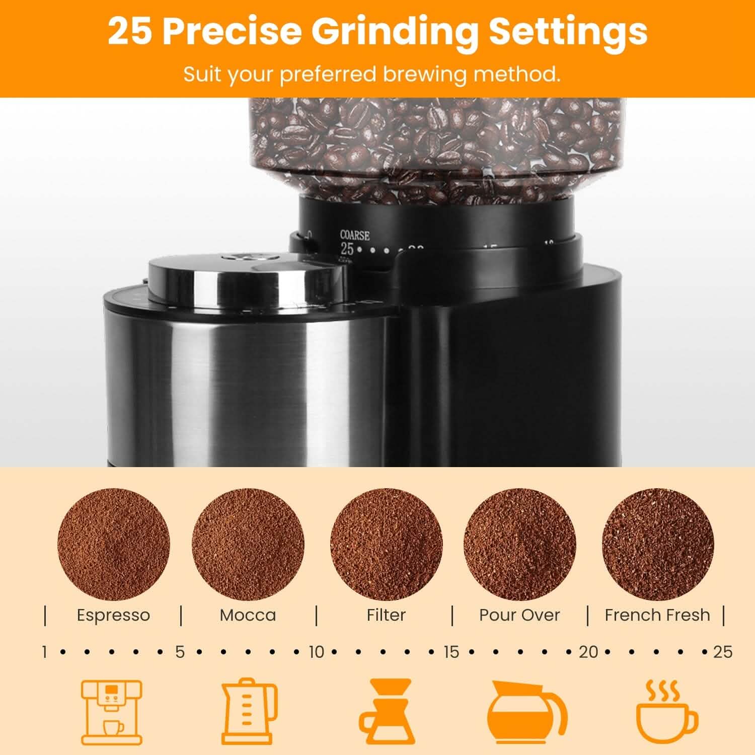 Conical Bur Coffee Bean Electric Grinder with 25 Grind Settings - Tree of Life